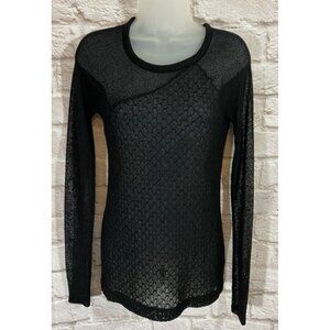 Three Dots Small Black Mesh Open Knit Long Sleeve Pullover Sweater 9806